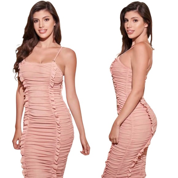 Elegant By Alice Dresses & Skirts - Elegant By Alice Mesh Ruffle Ruched Bodycon Dress Sz L NWT Party Club Sexy Pink